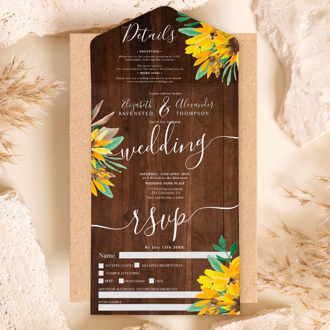 Rustic country sunflower wood script wedding all in one invitation (Creator Uploaded)