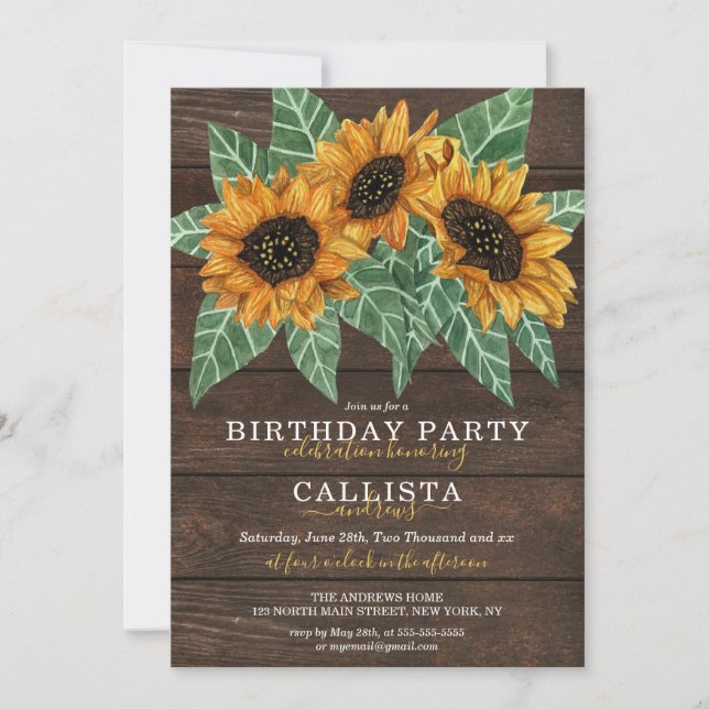 Rustic Country Sunflower Wood Watercolor Birthday Invitation (Front)