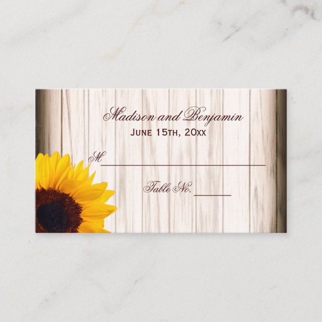 Rustic Country Sunflower Wood Wedding Place Cards (Front)