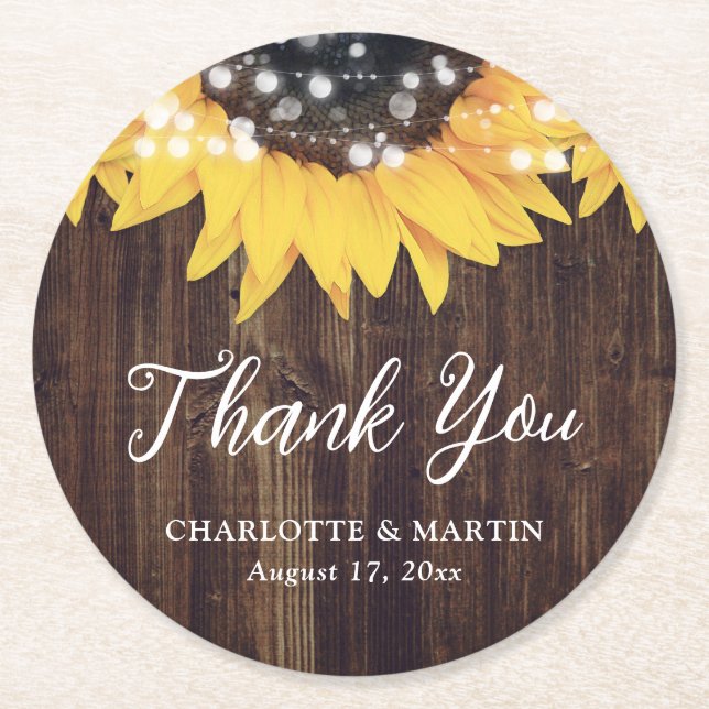 Rustic Country Sunflower Wood Wedding Round Paper Coaster (Front)