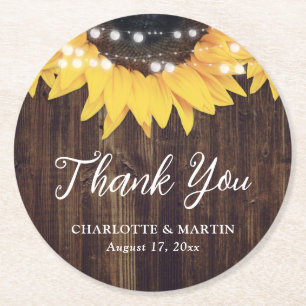 Rustic Country Sunflower Wood Wedding Round Paper Coaster
