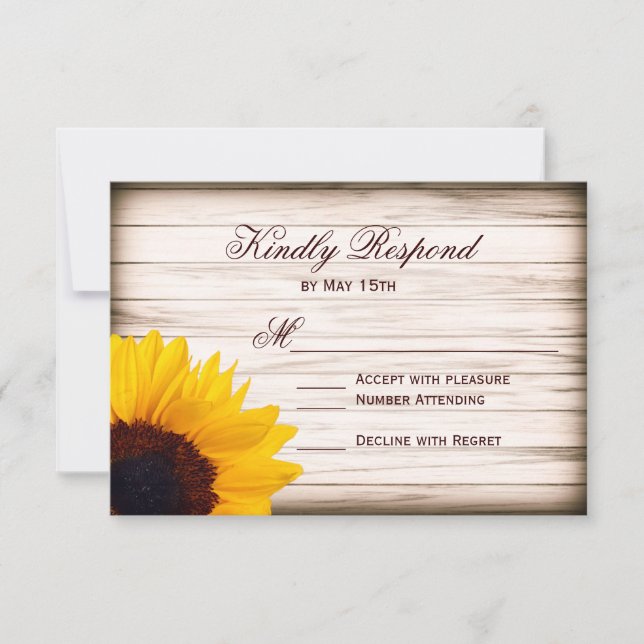 Rustic Country Sunflower Wood Wedding RSVP Cards (Front)