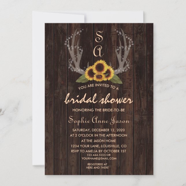 Rustic Country Sunflowers Antlers Engagement Invitation (Front)