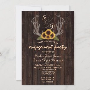 Rustic Country Sunflowers Antlers Engagement Invitation