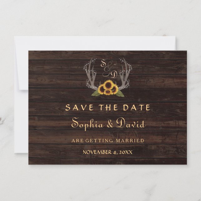 Rustic Country Sunflowers Antlers Save the Date (Front)
