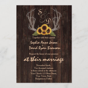 Rustic Country Sunflowers Antlers Wedding Invite