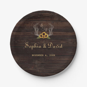Rustic Country Sunflowers Antlers Wedding Paper Plate