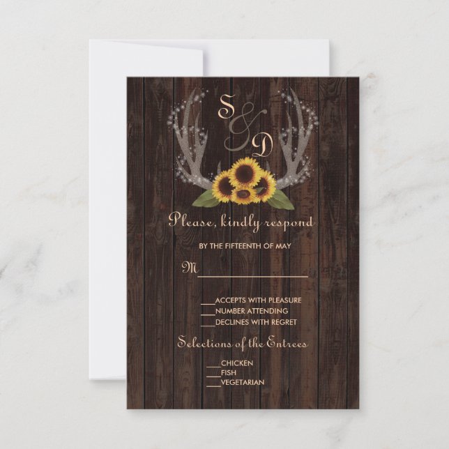Rustic Country Sunflowers Antlers Wedding RSVP Card (Front)