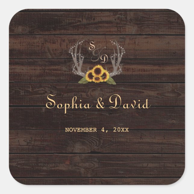 Rustic Country Sunflowers Antlers Wedding Square Sticker (Front)
