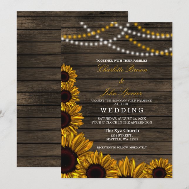 Rustic Country Sunflowers Barn Wood Wedding Invitation (Front/Back)