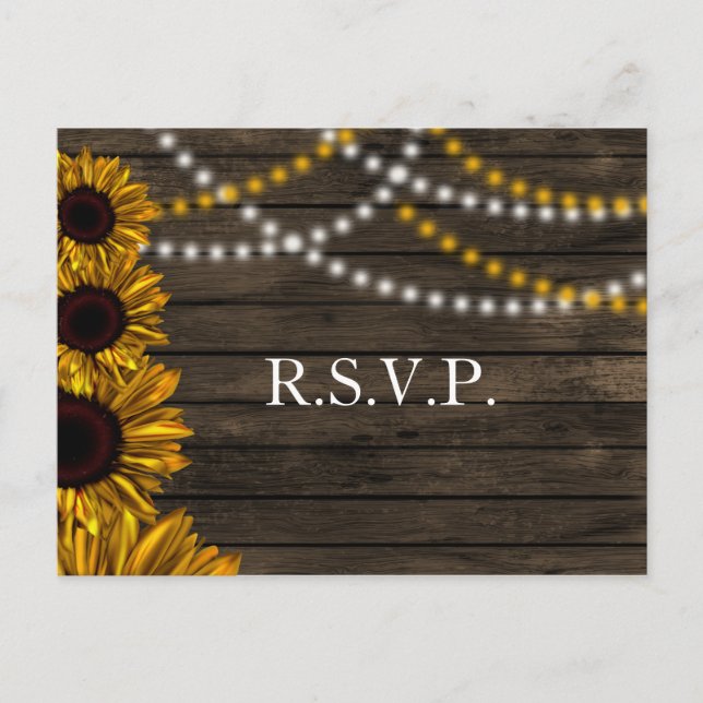 Rustic Country Sunflowers Barn Wood Wedding RSVP Invitation Postcard (Front)