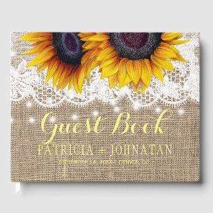 Rustic country sunflowers burlap and lace wedding guest book