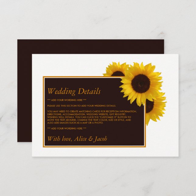 Rustic Country Sunflowers - Floral Wedding Detail Enclosure Card (Front/Back)