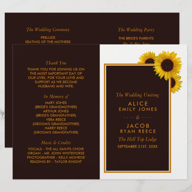 Rustic Country Sunflowers Floral Wedding Programme (Front/Back)