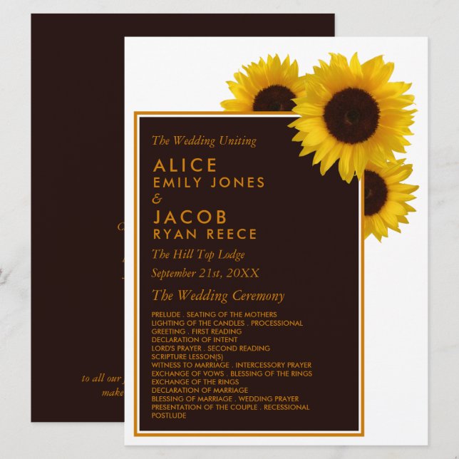 Rustic Country Sunflowers - Floral Wedding Programme (Front/Back)