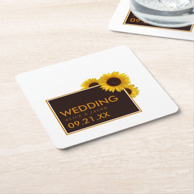 Rustic Country Sunflowers - Floral Wedding Square Paper Coaster (Angled)