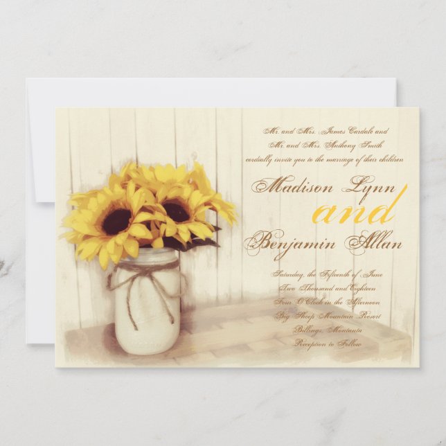 Rustic Country Sunflowers Mason Jar Wedding Invite (Front)