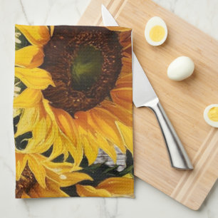 Rustic Country Sunflowers On Barnboard Print Tea Towel