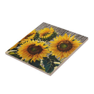 Rustic Country Sunflowers On Barnboard Print Tile