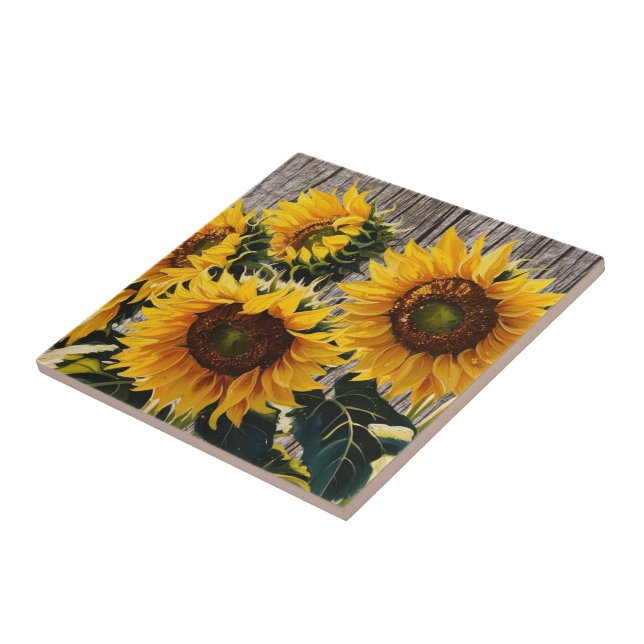 Rustic Country Sunflowers On Barnboard Print Tile (Side)