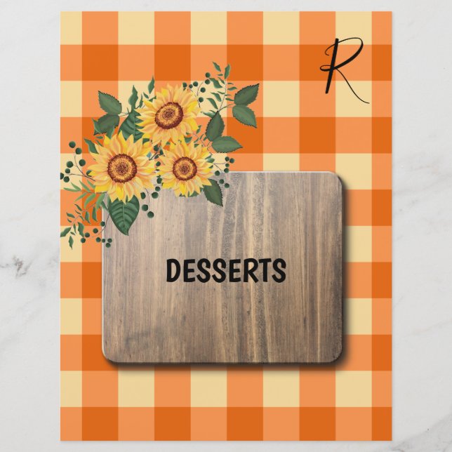 Rustic country sunflowers recipe organiser divider (Front)