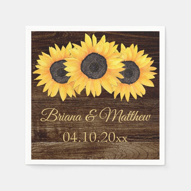 Rustic Country Sunflowers Wood Cocktail Napkin (Front)