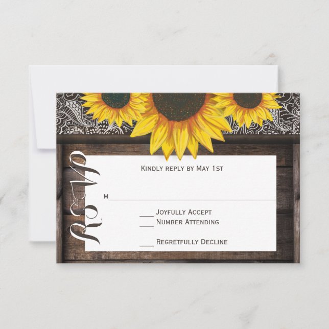 Rustic Country Sunflowers Wood Wedding RSVP Cards (Front)