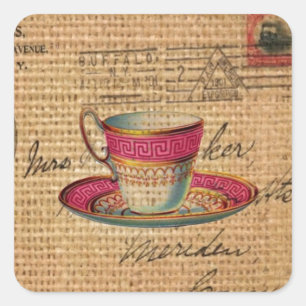 Rustic country tea party pink victorian teacup square sticker
