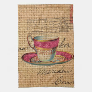 Rustic country tea party pink victorian teacup towel