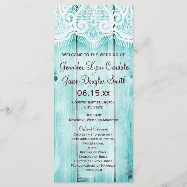 Rustic Country Teal Barn Wood Wedding Programs Programme (Front)