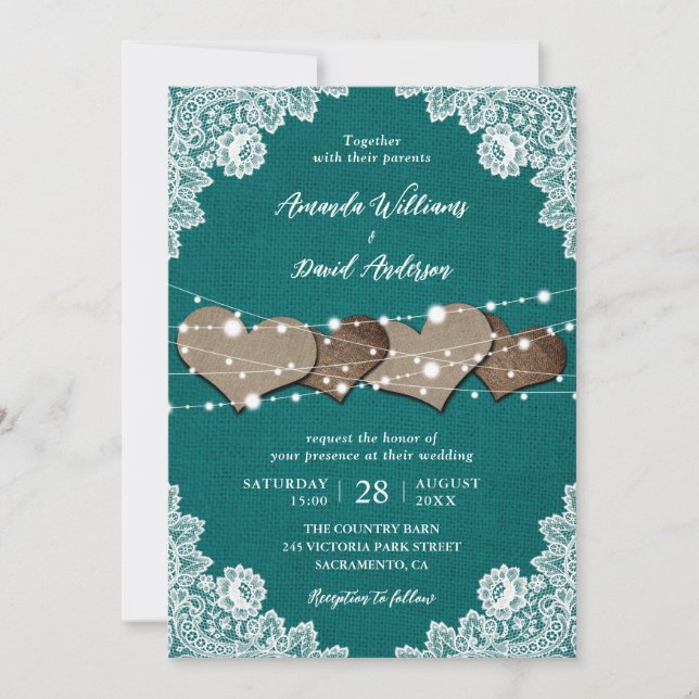 Rustic Country Teal Burlap Lace Wedding Invitation (Front)