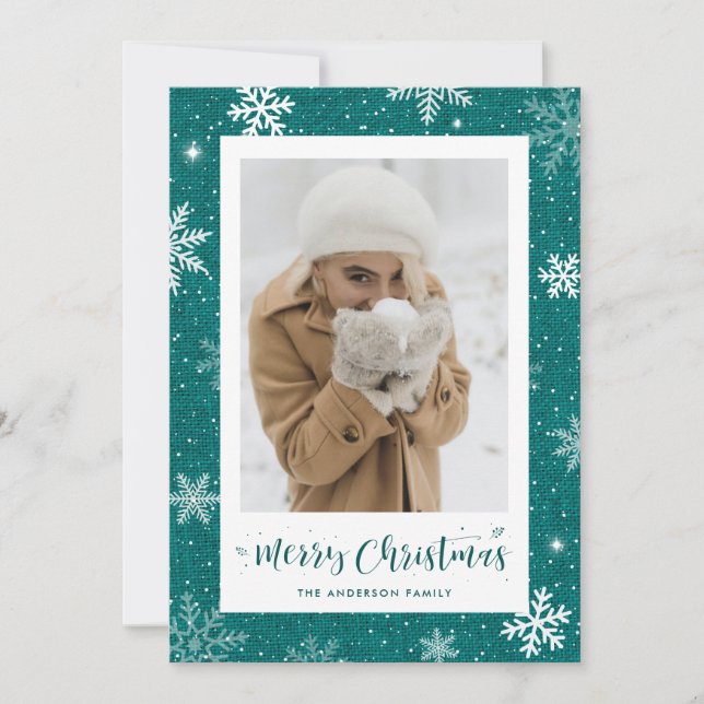 Rustic Country Teal Burlap Photo Christmas Cards (Front)