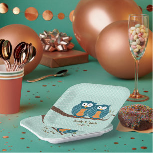 Rustic Country Teal Cute Owls Sitting in a Tree P Paper Plate