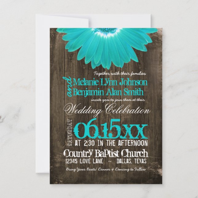 Rustic Country Teal Daisy Wood Wedding Invitations (Front)