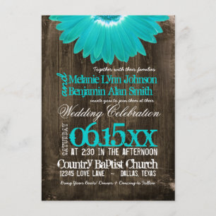 Rustic Country Teal Daisy Wood Wedding Invitations