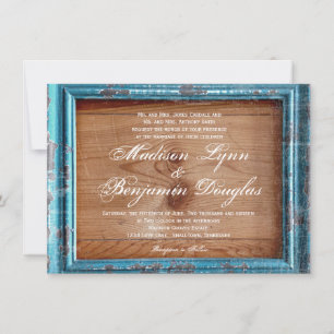 Rustic Country Teal Frame Wood Wedding Invitations
