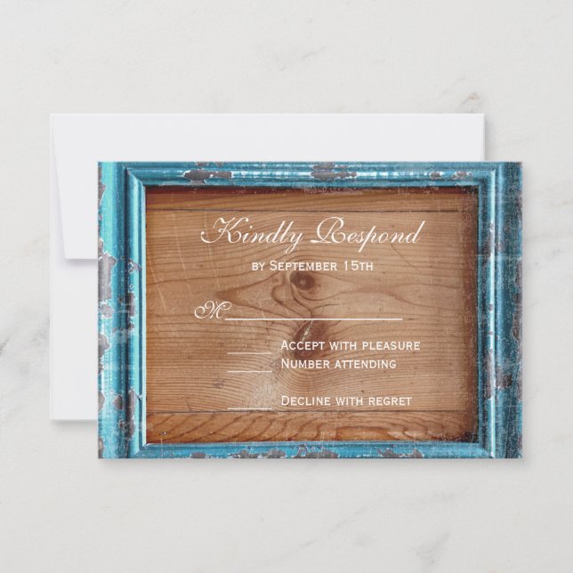 Rustic Country Teal Frame Wood Wedding RSVP Cards (Front)