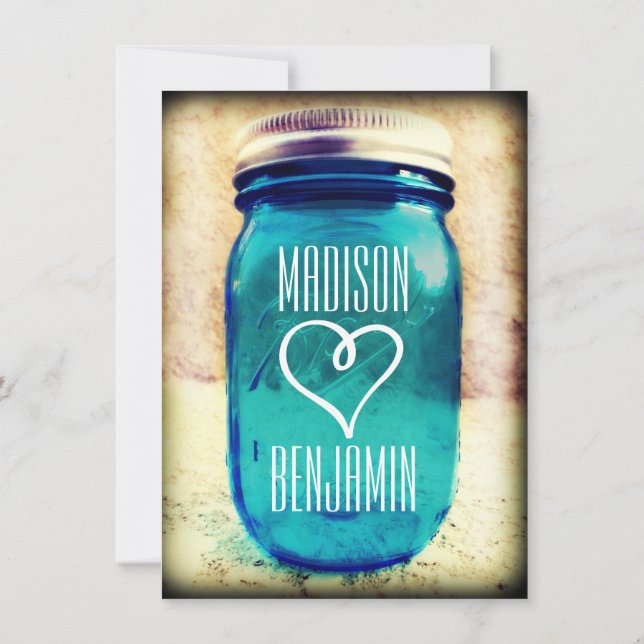 Rustic Country Teal Mason Jar Wedding Invitations (Back)