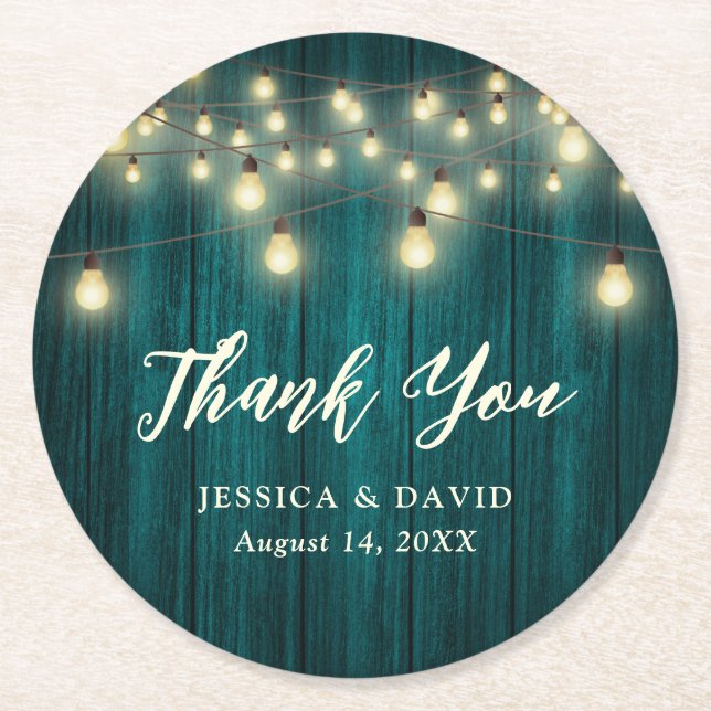 Rustic Country Teal Wedding Thank You Round Paper Coaster (Front)