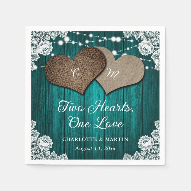 Rustic Country Teal Wood Burlap Lace Wedding Napkin (Front)