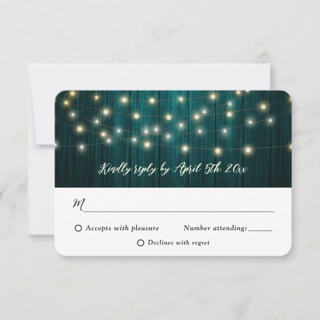 Rustic Country Teal Wood Fairy Lights Wedding RSVP Card (Front)