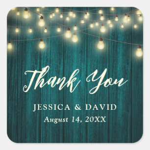 Rustic Country Teal Wood Lights Wedding Thank You Square Sticker