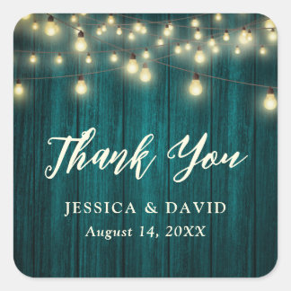 Rustic Country Teal Wood Lights Wedding Thank You Square Sticker