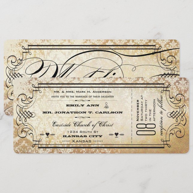 Rustic Country Ticket Typography Wedding Invites (Front/Back)