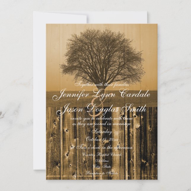 Rustic Country Tree Barn Wood Wedding Invitations (Front)