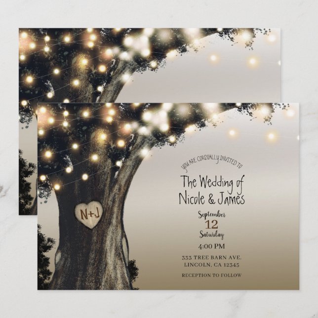 Rustic Country Tree & Lights Modern Barn Wedding Invitation (Front/Back)