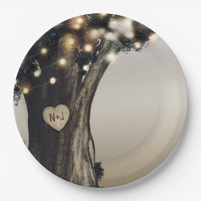 Rustic Country Tree & Lights Modern Barn Wedding Paper Plate (Front)