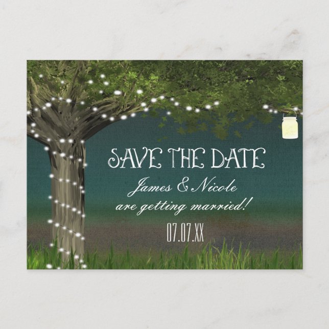 Rustic Country Tree & Lights Save Date Postcard (Front)