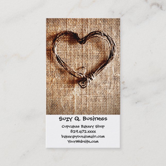 Rustic Country Twine Heart on Burlap Print Business Card (Front)