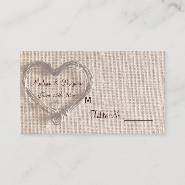 Rustic Country Twine Heart Wedding Place Cards (Front)
